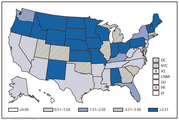 CRYPTOSPORIDIOSIS - This figure is a map of the United States and U.S. territories that presents the incidence range per 100,000 population of cryptosporidiosis cases in each state and territory in 2010.